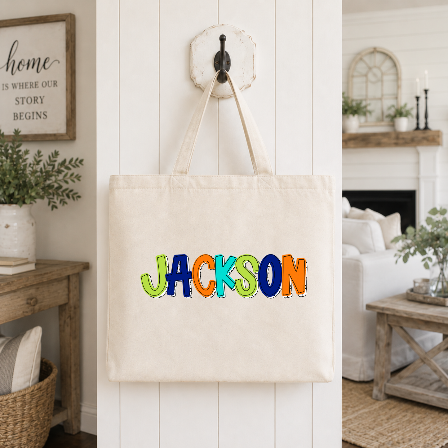 Primary Dotted Custom Name Tote Bag