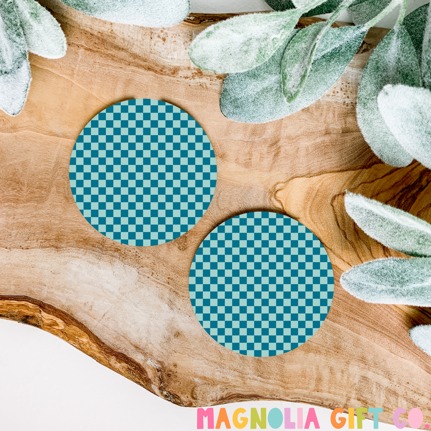 Turquoise Checkered Car Coasters