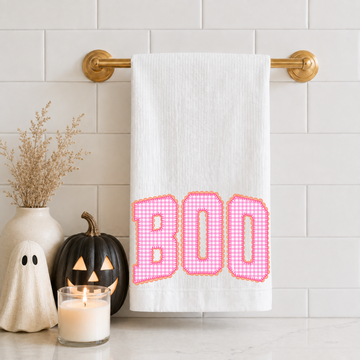 Pink Checkered Boo Tea Towel