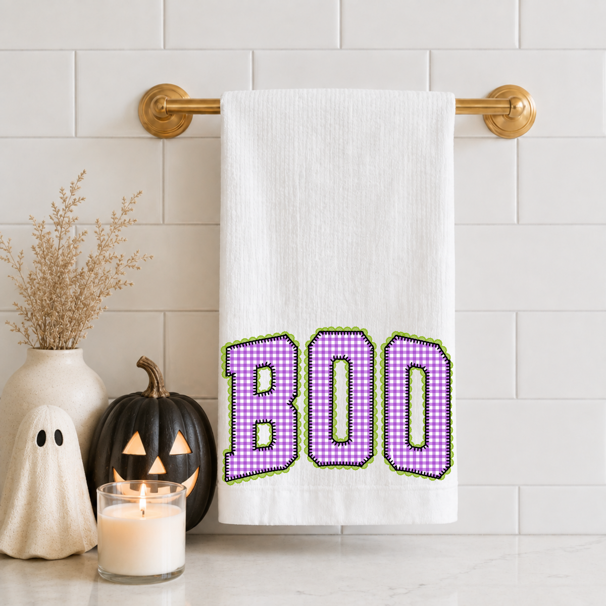 Purple Checkered Boo Tea Towel