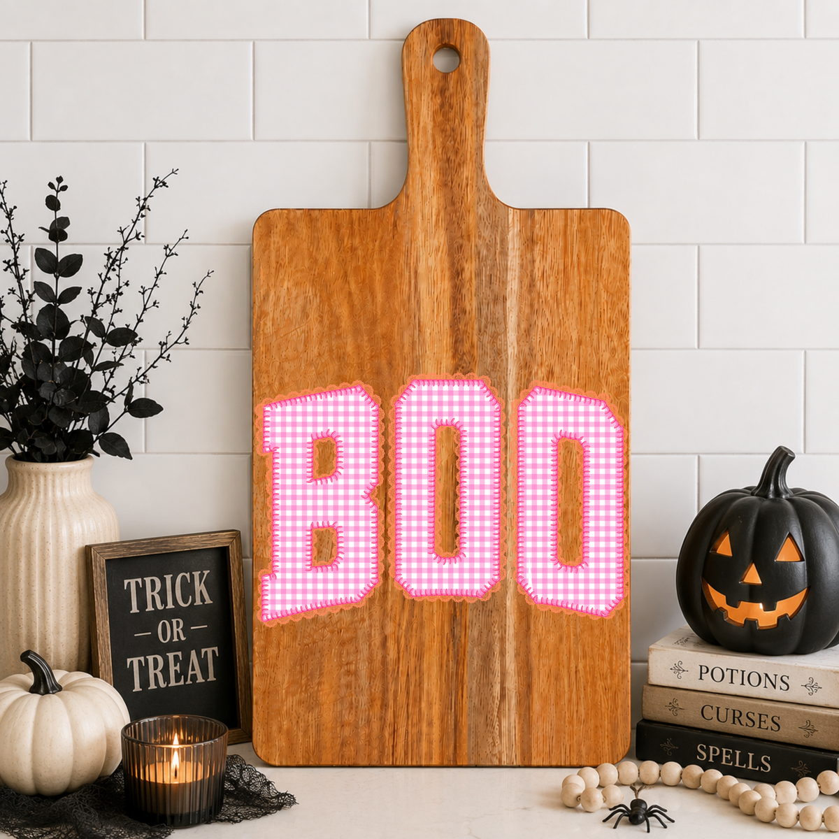 Pink Seersucker Boo Cutting Board