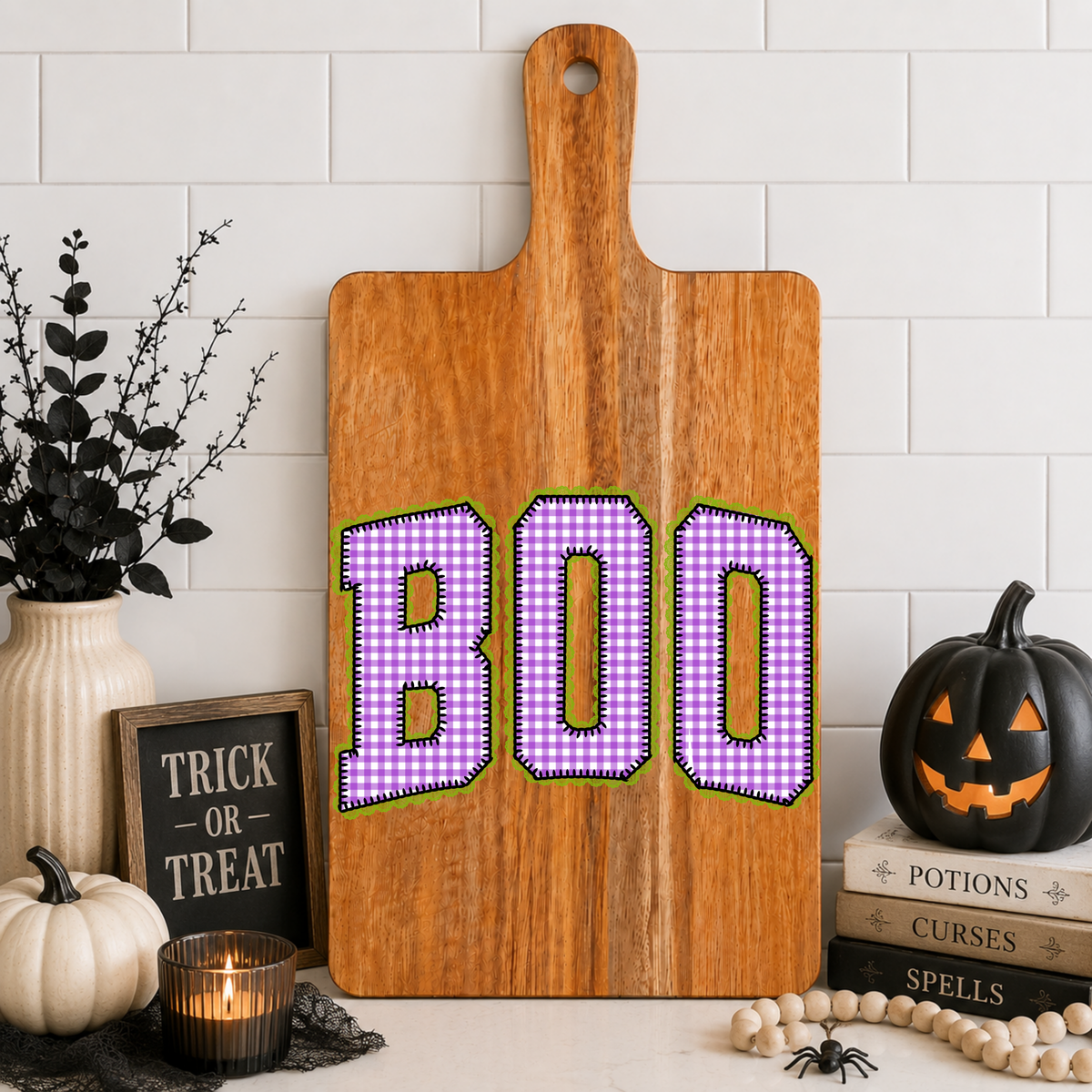 Purple Seersucker Boo Cutting Board