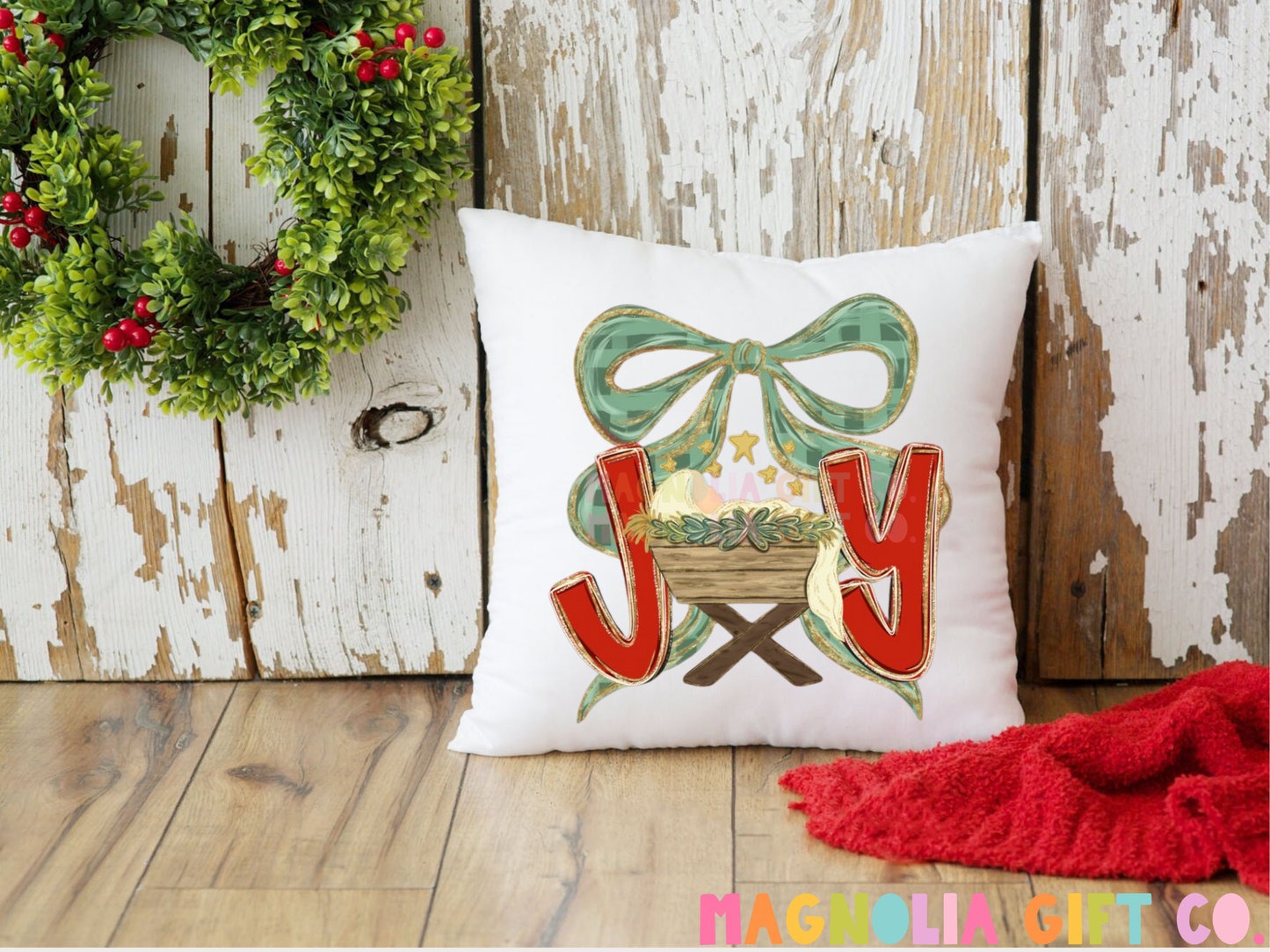 Joy Manger Throw Pillow