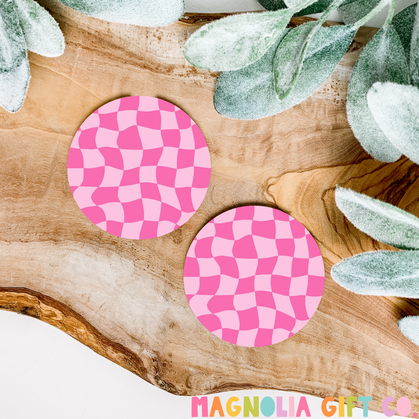 Pink Wavy Checkered Car Coasters