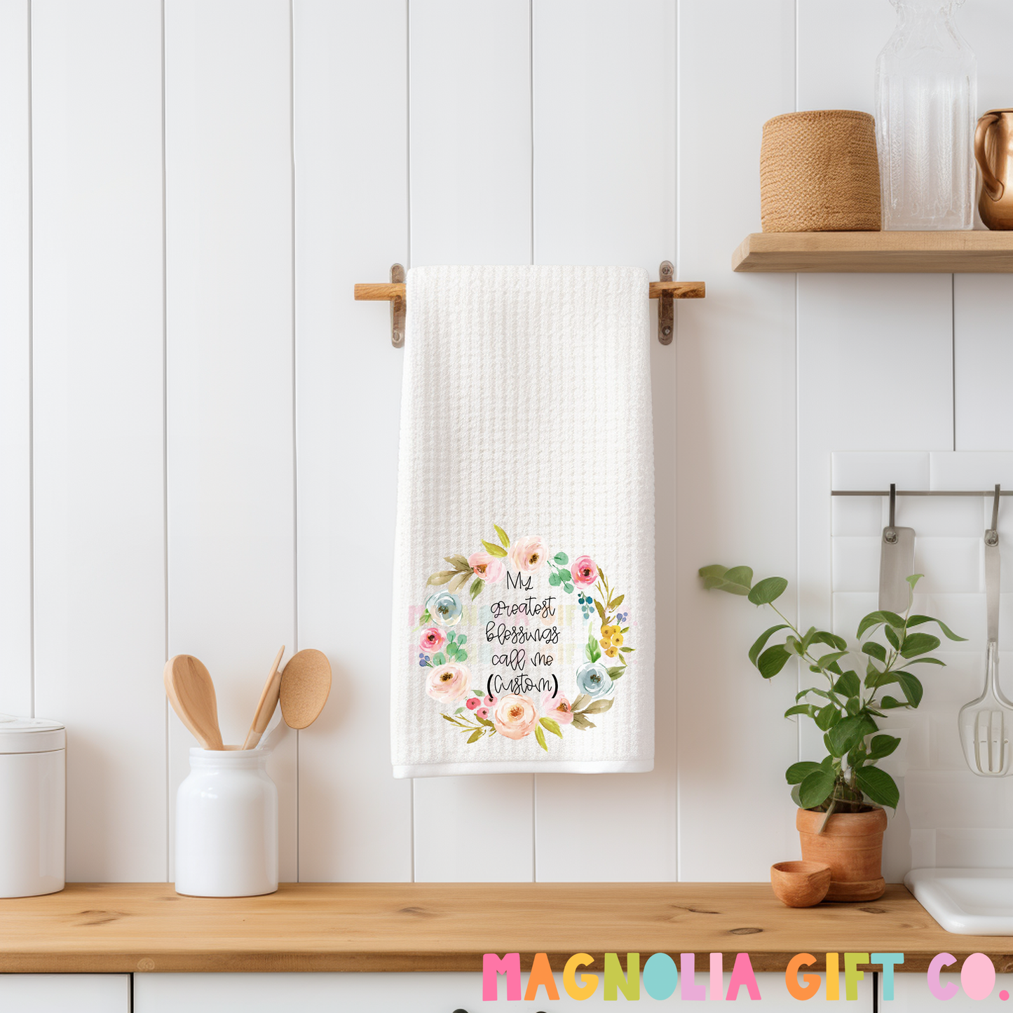 Floral Wreath Family Title Tea Towel