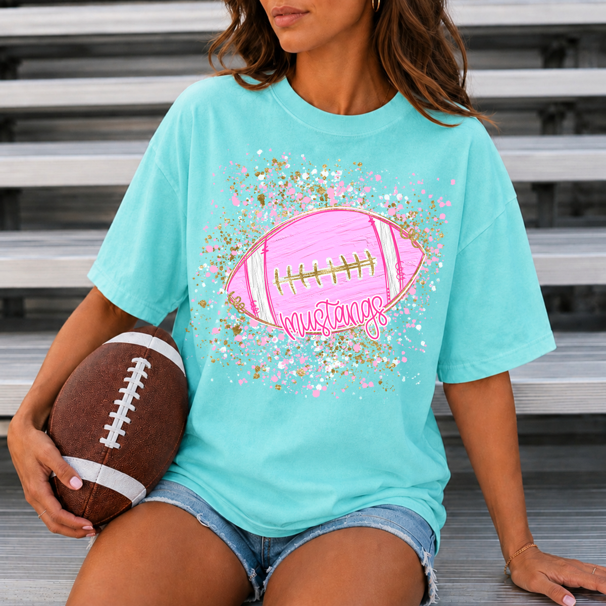 Pink Confetti Football-Mustangs Tee