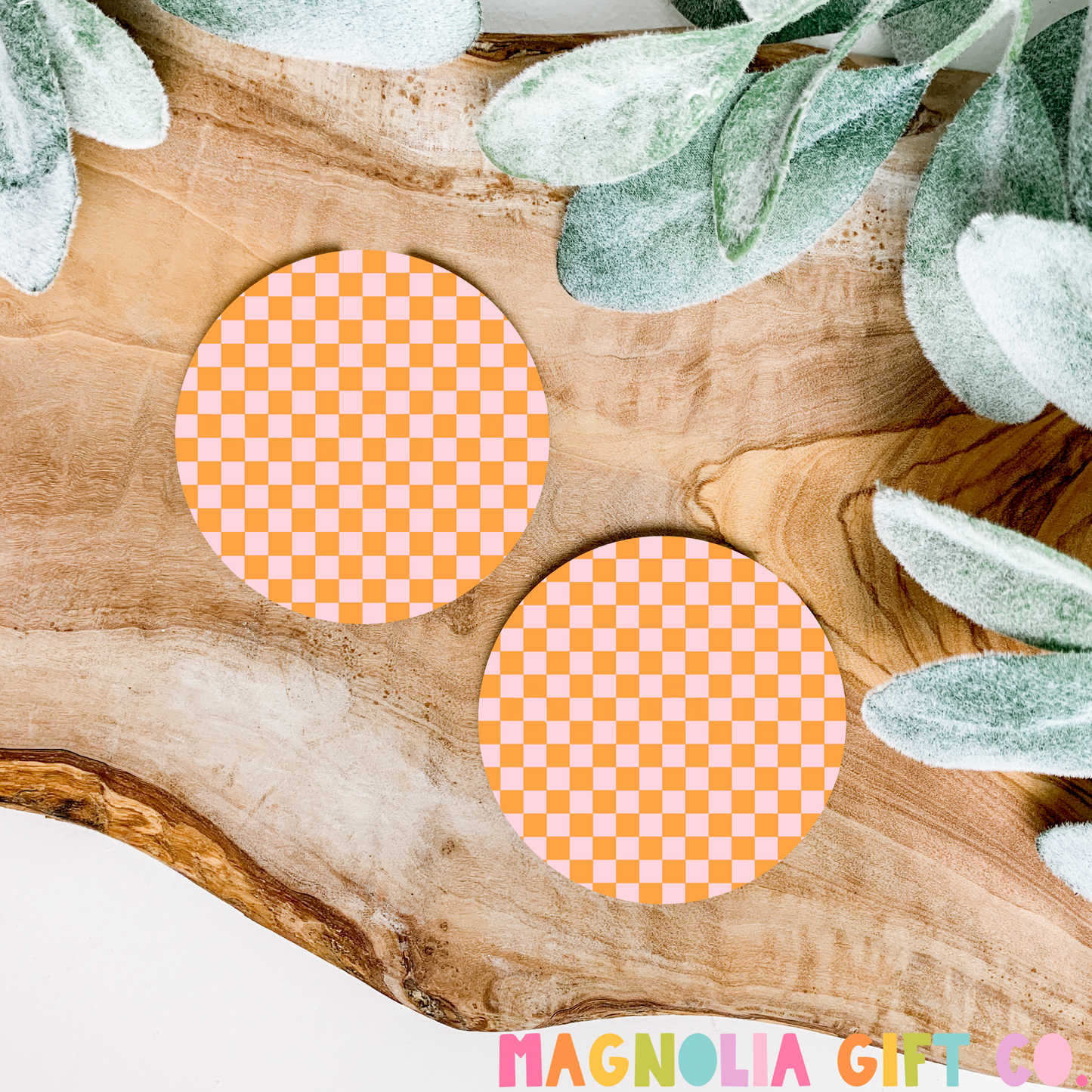 Orange + Pink Checkered Car Coasters
