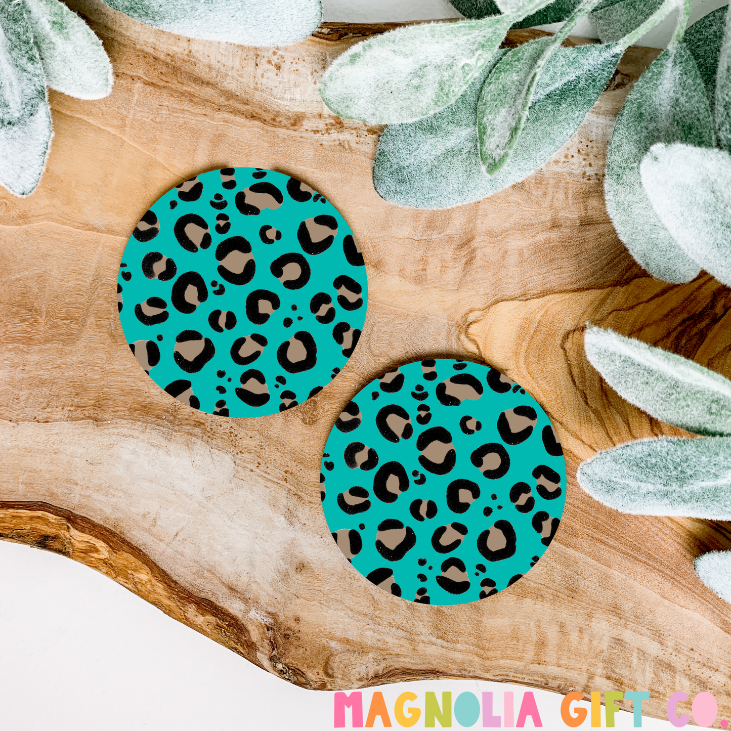 Turquoise Leopard Car Coasters