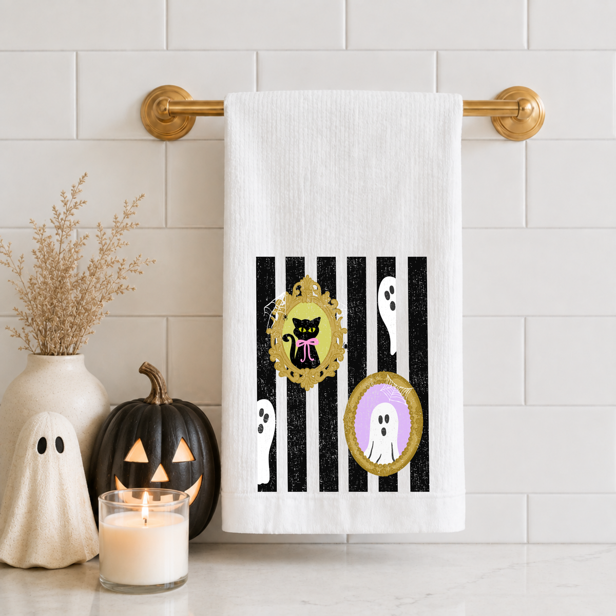 Striped Ghosts & Kitty Tea Towel