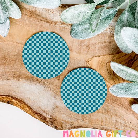 Turquoise Checkered Car Coasters