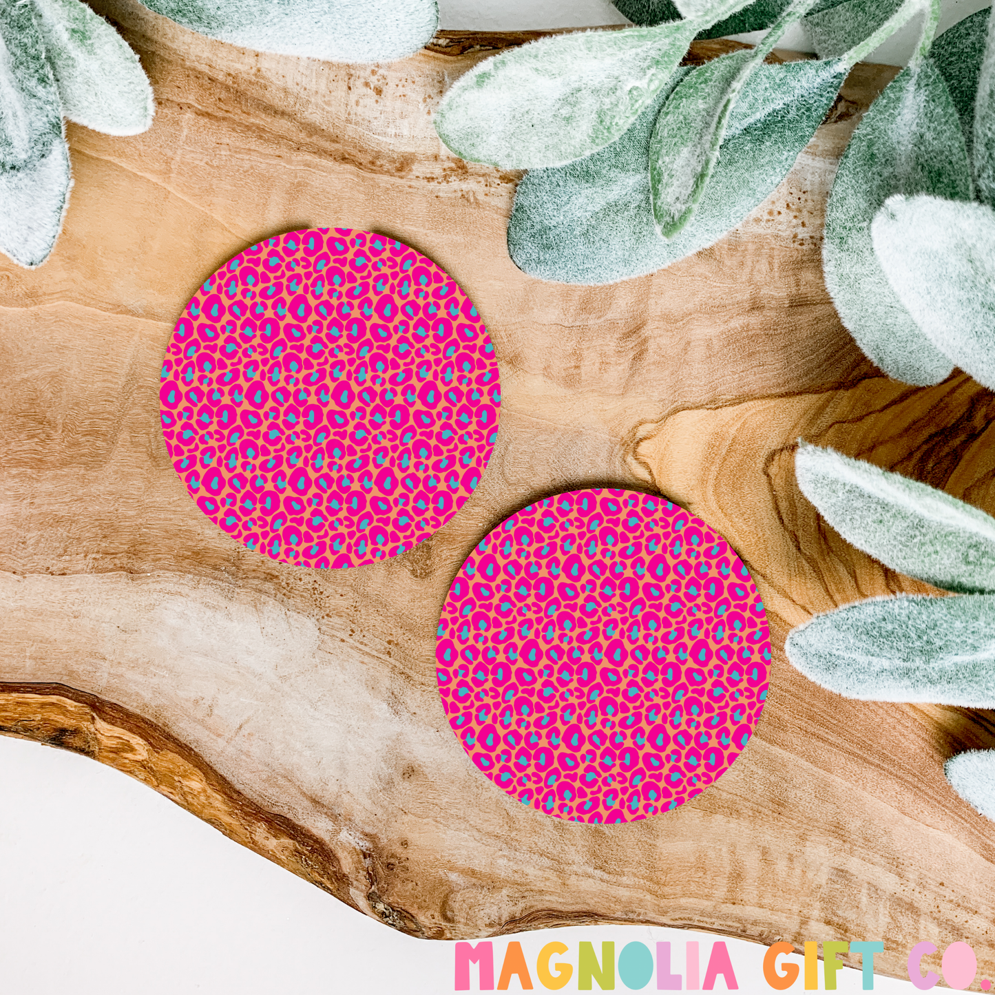 Pink + Orange Leopard Car Coasters
