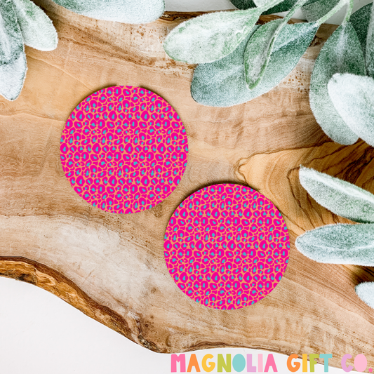 Pink + Orange Leopard Car Coasters