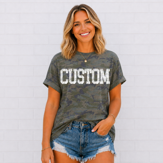 Camo Varsity Distressed-Custom Mascot Tee