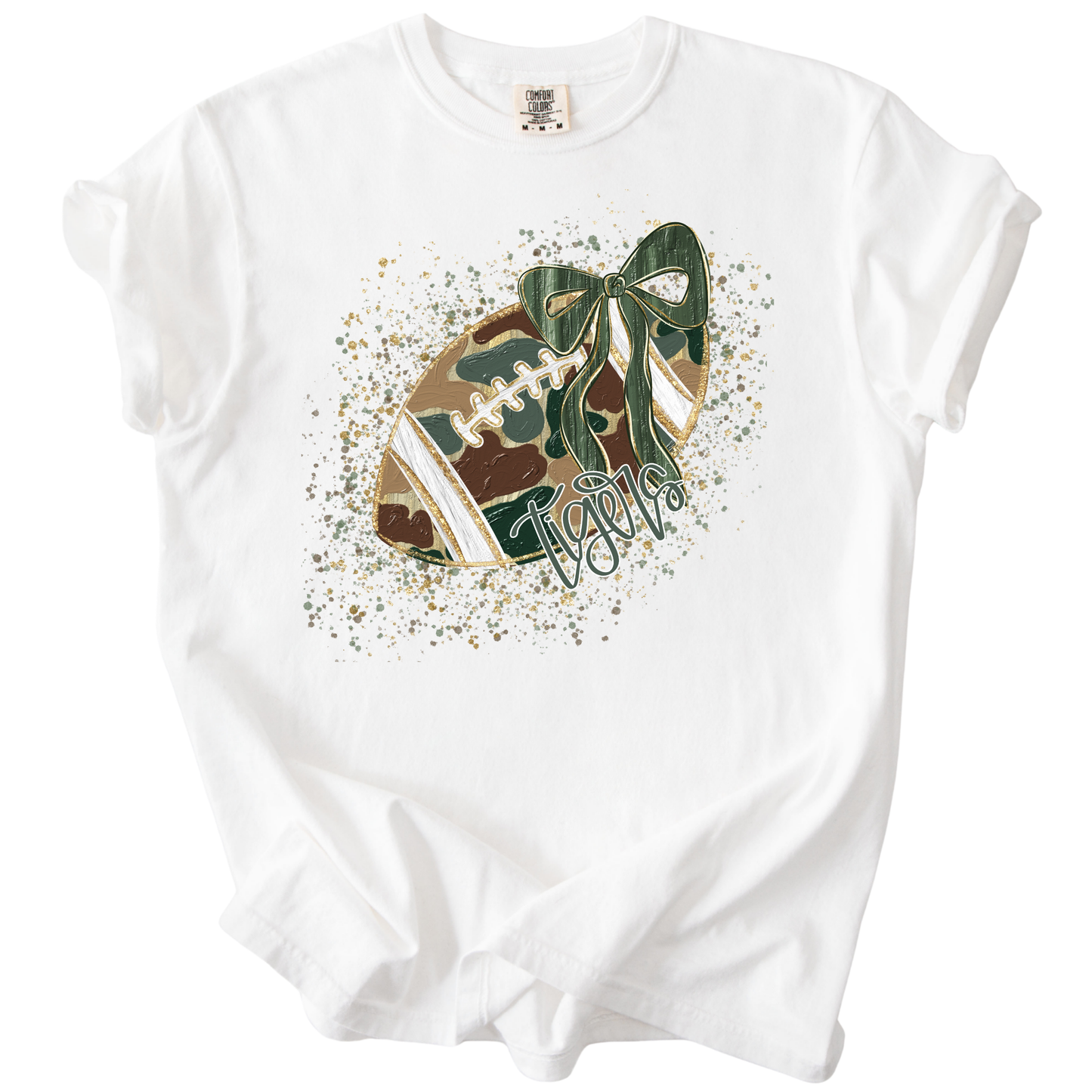 Camo Confetti Bow Football-Tigers Tee
