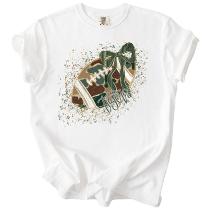 Camo Confetti Bow Football-Tigers Tee