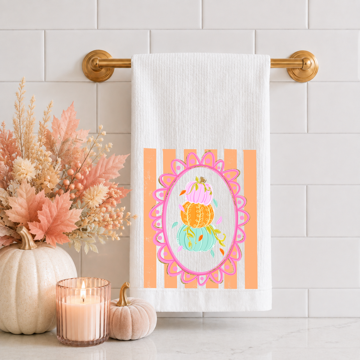 Striped Stacked Pumpkins Tea Towel