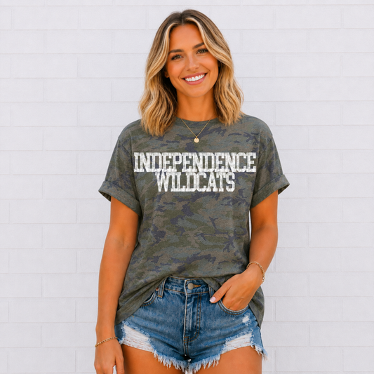 Camo Varsity Distressed-Independence Wildcats Tee