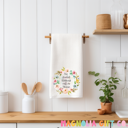Floral Wreath Family Title Tea Towel